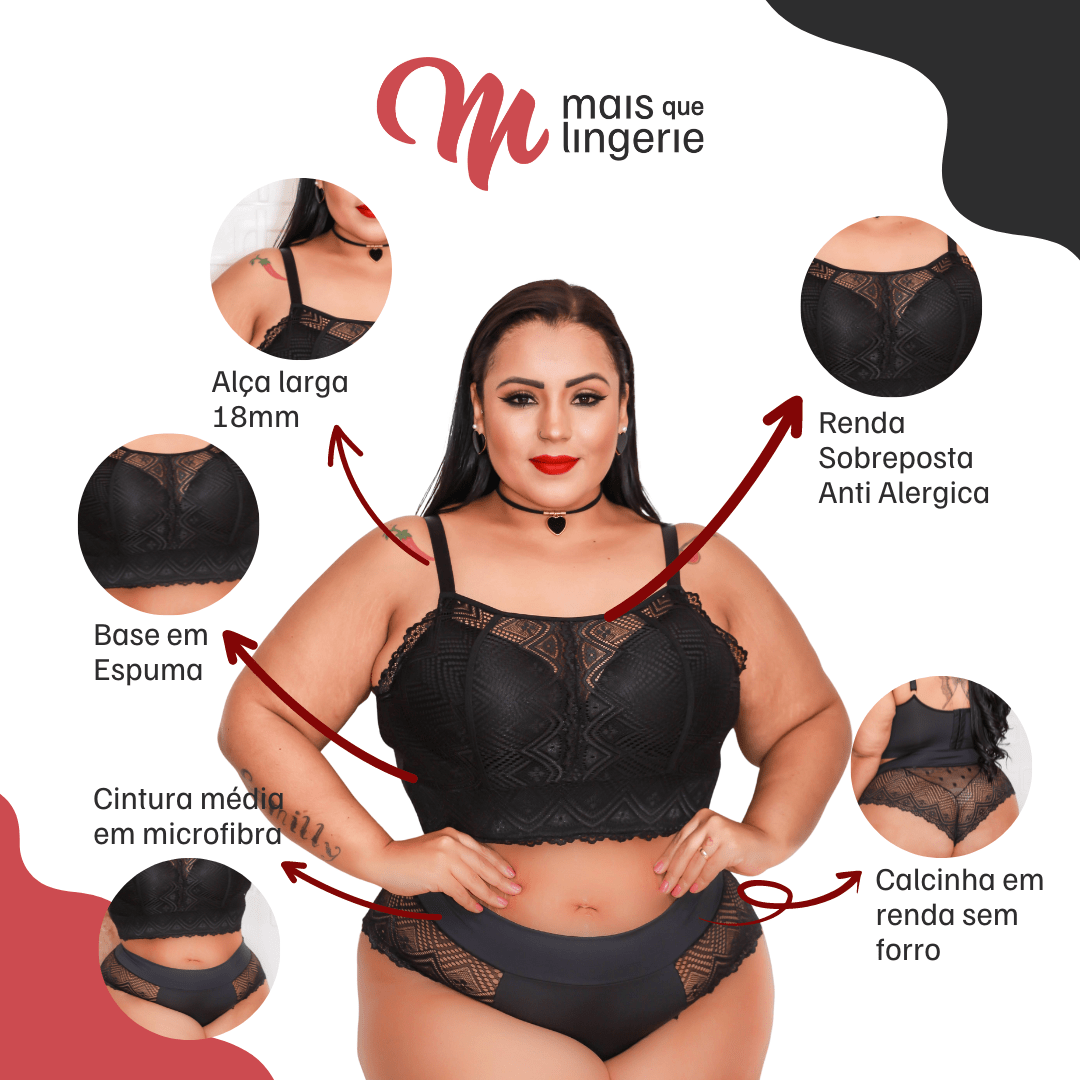 Conjunto Plus Size Cropped Renda Sobreposta Preto Mais Que Lingerie