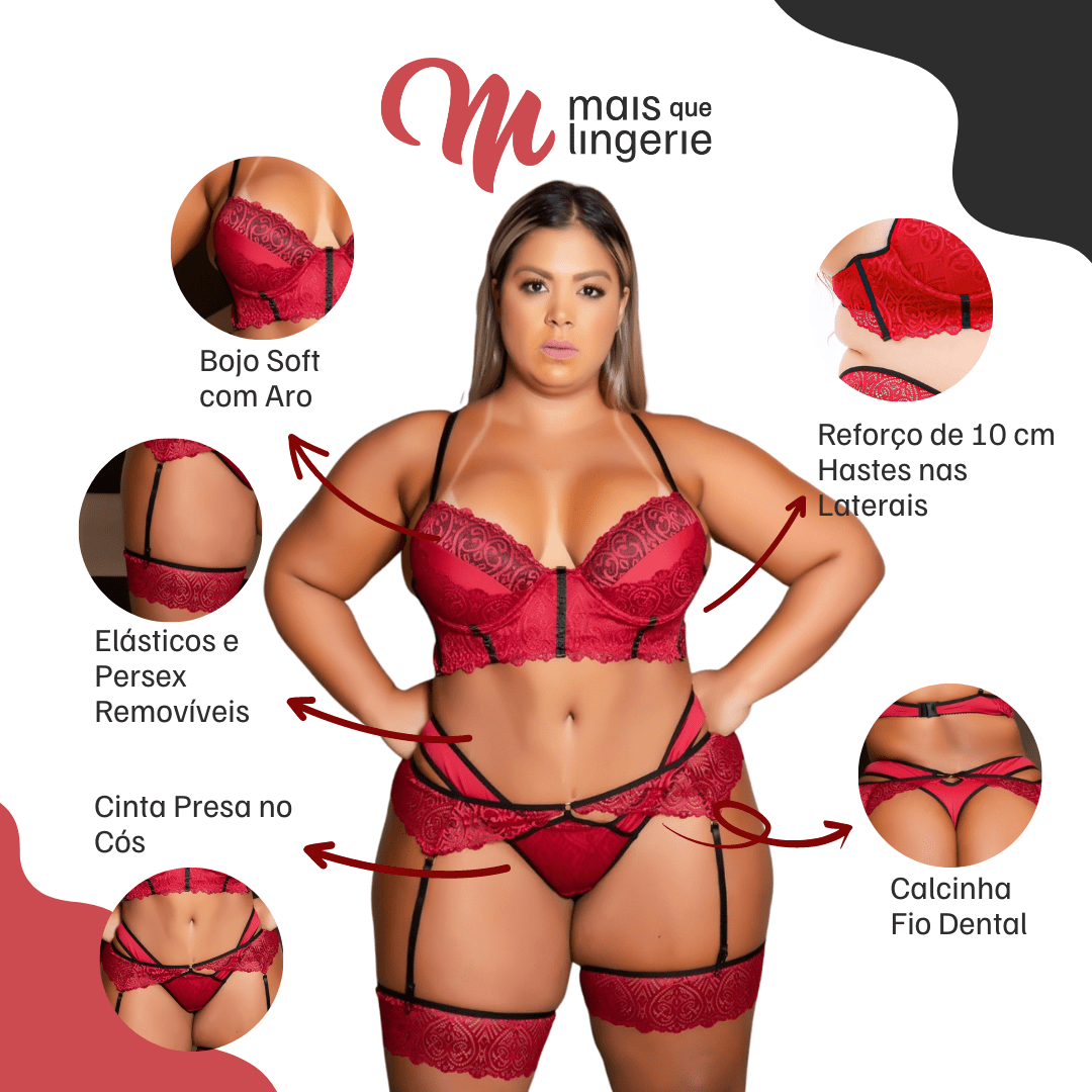 Conjunto Plus Size Cinta Liga Veneno Desejo Mais Que Lingerie